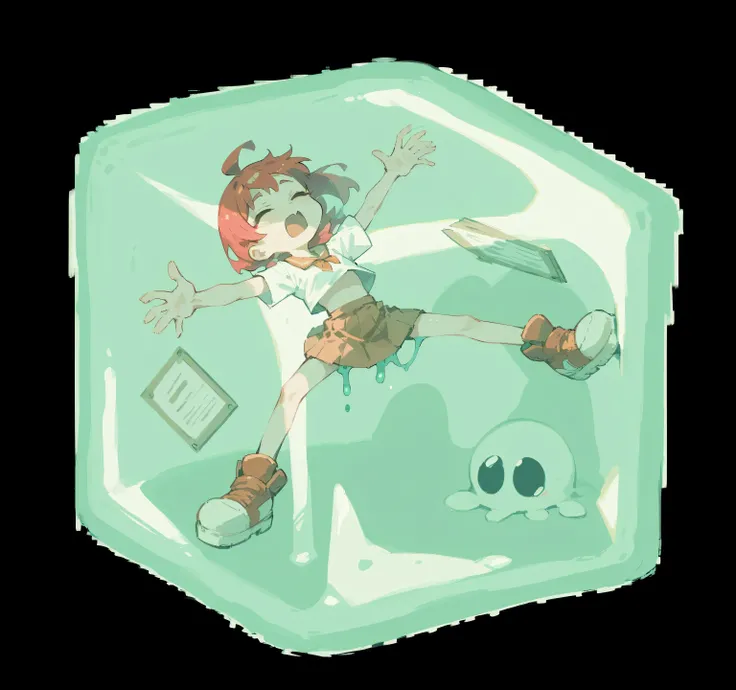 Excellent work 4K, details, extreme details, high resolution, 1 woman , red hair , eyes closed , open mouth , skirt , fainted , long legs , spread legs , stuck in slime