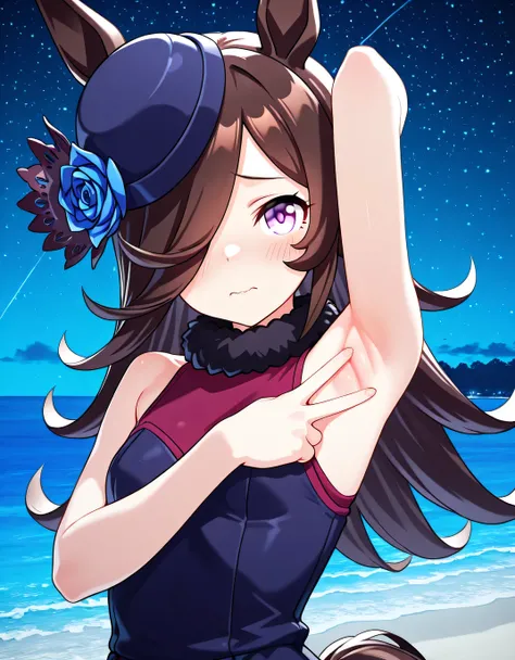 aarice, animal ears, horse tail, purple eyes, brown hair, hair over one eye, blue headwear, hat flower, tilted headwear, fur collar, sleeveless, blue rose, 3d, high quality, solo, upper body, (contrapposto), <lora:spread-armpit-illustriousxl-lora-nochekais...