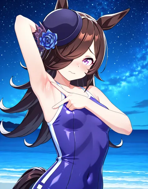 ddrice, animal ears, horse tail, purple eyes, brown hair, hair over one eye, blue headwear, hat flower, tilted headwear, tracen swimsuit, competition school swimsuit, single vertical stripe, 3d, high quality, solo, upper body, (contrapposto), <lora:spread-...