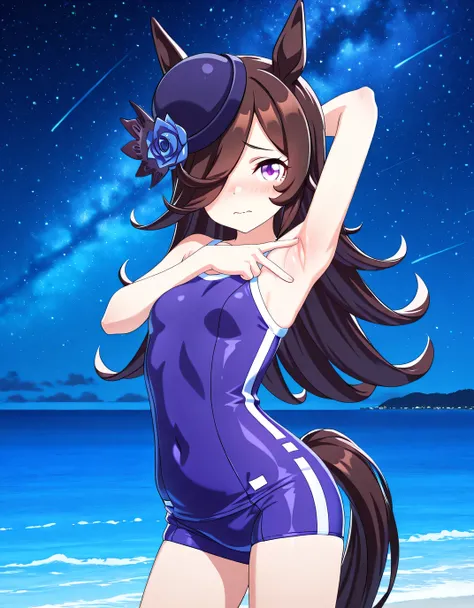 ddrice, animal ears, horse tail, purple eyes, brown hair, hair over one eye, blue headwear, hat flower, tilted headwear, tracen swimsuit, competition school swimsuit, single vertical stripe, 3d, high quality, solo, upper body, (contrapposto), <lora:spread-...