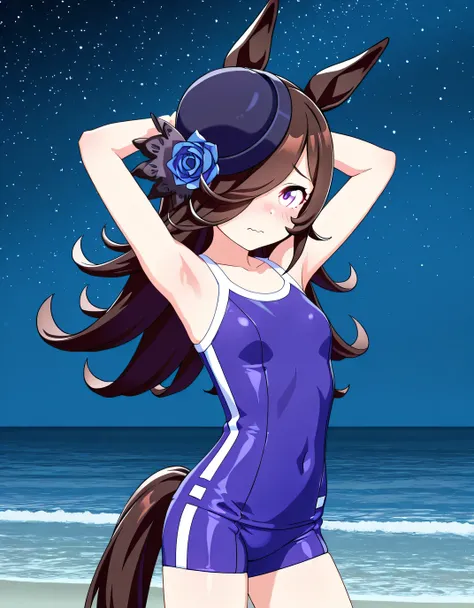 ddrice, animal ears, horse tail, purple eyes, brown hair, hair over one eye, blue headwear, hat flower, tilted headwear, tracen swimsuit, competition school swimsuit, single vertical stripe, 3d, high quality, solo, cowboy shot, (contrapposto), (hands behin...