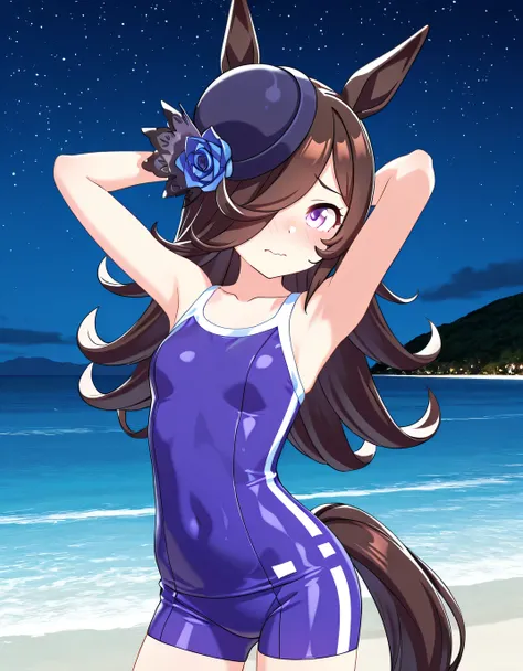 ddrice, animal ears, horse tail, purple eyes, brown hair, hair over one eye, blue headwear, hat flower, tilted headwear, tracen swimsuit, competition school swimsuit, single vertical stripe, 3d, high quality, solo, cowboy shot, (contrapposto), (hands behin...