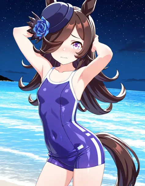 ddrice, animal ears, horse tail, purple eyes, brown hair, hair over one eye, blue headwear, hat flower, tilted headwear, tracen swimsuit, competition school swimsuit, single vertical stripe, 3d, high quality, solo, cowboy shot, (contrapposto), (hands behin...