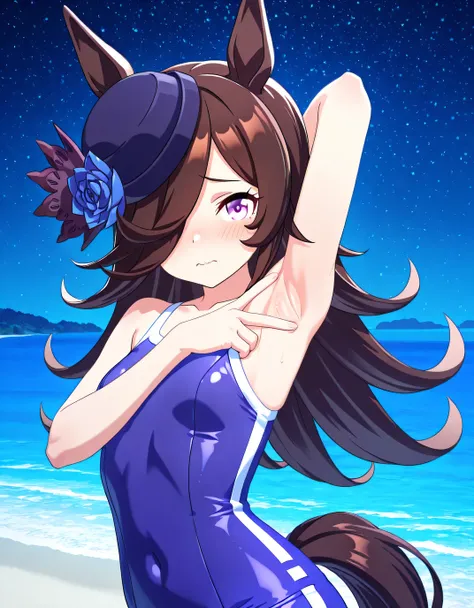 ddrice, animal ears, horse tail, purple eyes, brown hair, hair over one eye, blue headwear, hat flower, tilted headwear, tracen swimsuit, competition school swimsuit, single vertical stripe, 3d, high quality, solo, upper body, (contrapposto), <lora:spread-...