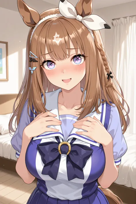 {{{masterpiece}}}, {{{best quality}}}, {{ultra-detailed}}, (detailed skin texture) , solo, almond eye (umamusume), short sleeve school uniform, white line on the middle of school uniform, dark blue skirt, beautiful breast, blush, cute smile, embarrassed,op...