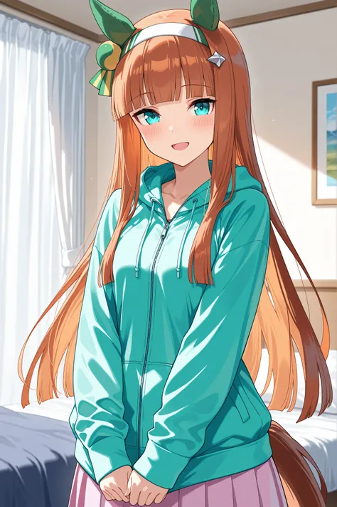 {{{masterpiece}}}, {{{best quality}}}, {{ultra-detailed}}, (detailed skin texture),solo, youthful face, silence suzuka \(umamusume\), naked light blue zip hoodie open, zip jacket, pink skirt , looking at viewer, blush, cute smile, open mouth, standing, st...