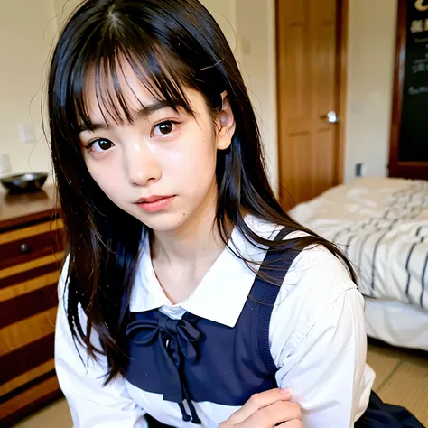 A cute girl wearing a Japanese schoolgirl sailor uniform. She is sitting on a bed in a cozy, plush-filled girl's bedroom. Her hands are lightly clasped in front of her mouth, as if holding something invisible. Her expression is dreamy and happy, with sligh...