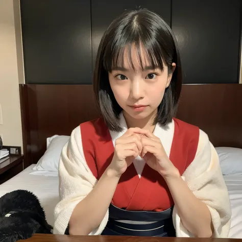 portrait of a beautiful girl with translucent skin and softly expressive eyes, gentle blush, subtly glowing gradient hair, delicate emotional line art with soft shadows, evoking a melancholic and enchanting mood. She is wearing a traditional red and white ...