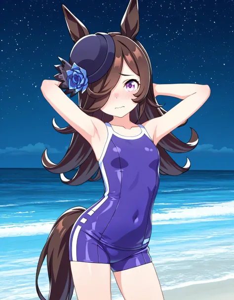 ddrice, animal ears, horse tail, purple eyes, brown hair, hair over one eye, blue headwear, hat flower, tilted headwear, tracen swimsuit, competition school swimsuit, single vertical stripe, 3d, high quality, solo, cowboy shot, (contrapposto), (hands behin...