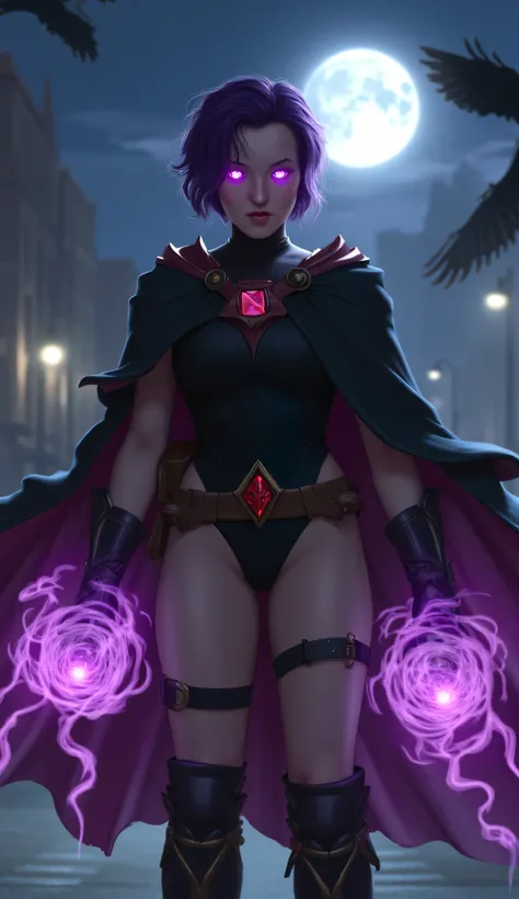 Bella Ramsey as Raven, Teen Titans, DC, highly detailed digital painting, modern dark fantasy style, short violet hair, glowing violet eyes, red chakra gem on forehead, wearing black bodysuit, side cutouts, belt with red gems, armored gloves, thigh-high bo...