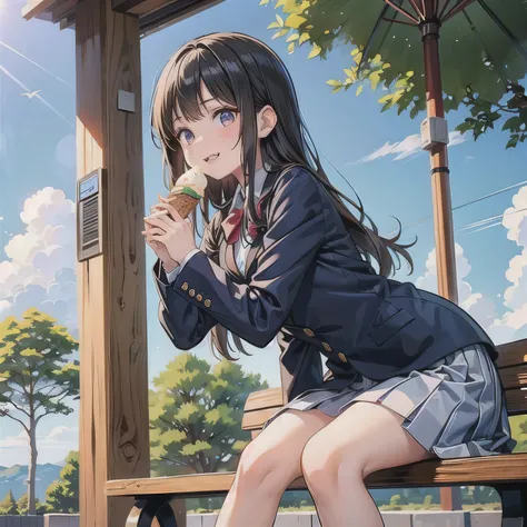 A cute anime-style high school girl wearing a neat Japanese blazer school uniform. She is sitting on a wooden park bench under the clear daytime sky. The girl is holding a rectangular ice cream bar with both hands, firmly yet delicately, and biting it gent...
