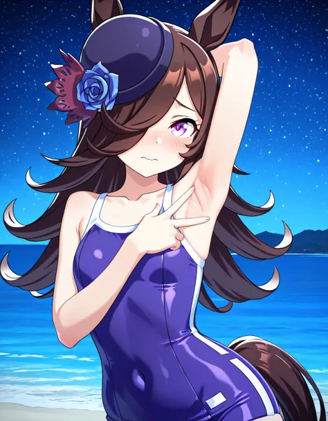 ddrice, animal ears, horse tail, purple eyes, brown hair, hair over one eye, blue headwear, hat flower, tilted headwear, tracen swimsuit, competition school swimsuit, single vertical stripe, 3d, high quality, solo, upper body, (contrapposto), <lora:spread-...