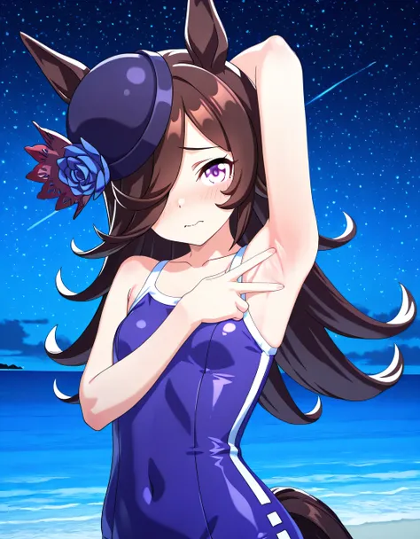 ddrice, animal ears, horse tail, purple eyes, brown hair, hair over one eye, blue headwear, hat flower, tilted headwear, tracen swimsuit, competition school swimsuit, single vertical stripe, 3d, high quality, solo, upper body, (contrapposto), <lora:spread-...