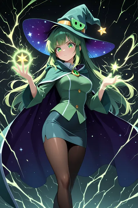 masterpiece, best quality, high definition, Vannamelon, Wizard, green pencil skirt, pantyhose, Using Magic, Electric shock