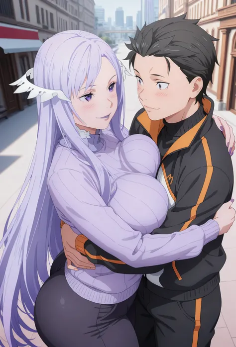 anime coloring, quinella, 1girl, (couple), Mature Female, long hair, light purple hair, purple nails, purple eyes, hug breasts, big butt, ((black turtleneck sweater, black pants,)), smile, purplelipstick, Lips, view detailed body, (((Sexy,))) ((turtleneck ...