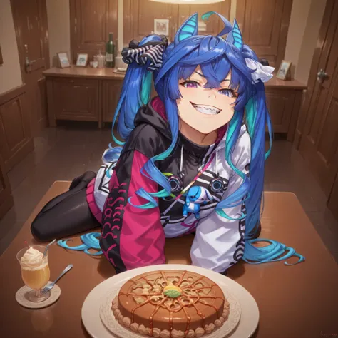 anime, lazypos, masterpiece, best quality, amazing quality, dormatory, on dining table, pov, 1girl, solo, zzTwinturbo, blue hair, twintails, heterochromia, purple eyes, blue eyes, sharp teeth, multicolored hoodie, unzipped hoodie, open hoodie, black leggin...
