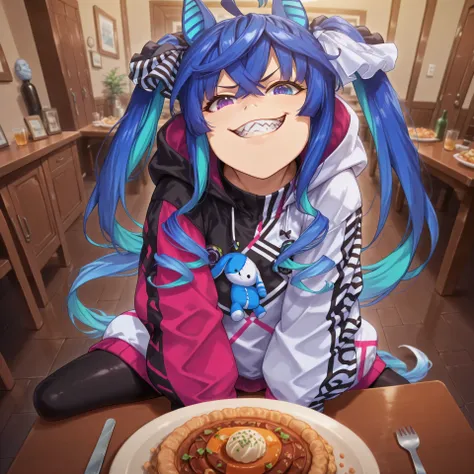 anime, lazypos, masterpiece, best quality, amazing quality, dormatory, on dining table, pov, 1girl, solo, zzTwinturbo, blue hair, twintails, heterochromia, purple eyes, blue eyes, sharp teeth, multicolored hoodie, unzipped hoodie, open hoodie, black leggin...