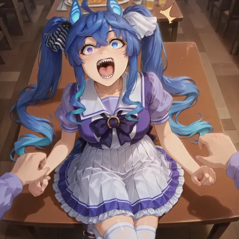 anime, lazypos, masterpiece, best quality, amazing quality, dormatory, on dining table, pov, 1girl, solo, zzTwinturbo, blue hair, twintails, heterochromia, purple eyes, blue eyes, sharp teeth, TracenShort, tracen school uniform, purple sailor shirt, white...