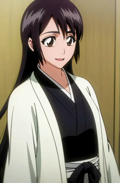 masterpiece, Highest quality , one girl from the side , romantic love , black hair, single straight long hair, Vancouver, brown eyes, kimono, white sleeveless coat ,Captain's coat without white sleeves, black kimono , smile, alone, I'm looking for , simple...