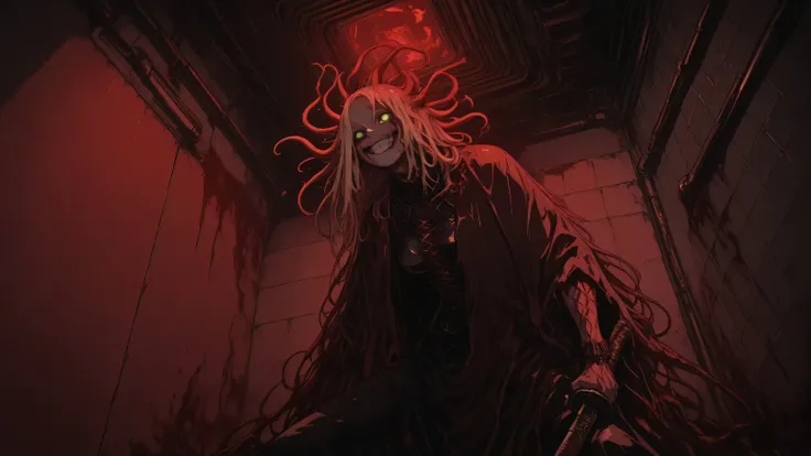 r17329_illu,Dynamic lighting,HDR,sinner2,masterpiece, ultra detailed, best quality, dark fantasy battlemage, blood-soaked robes, crimson magic aura, ornate katana glowing with runes, flowing red cape, combat stance, magical energy swirling, necromorphic cr...