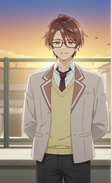 1male,solo,Sōsuke Aizen,short hair,brown hair,brown eyes,2/3eyes,empty eyes,Deceptively gentle smile,squa glasses,black glasses,beige blazer,white shirt,dark brown necktie,yellow sweater vest,Black pants,muscle,2hand behind the back,rooftop,school,sunset,c...
