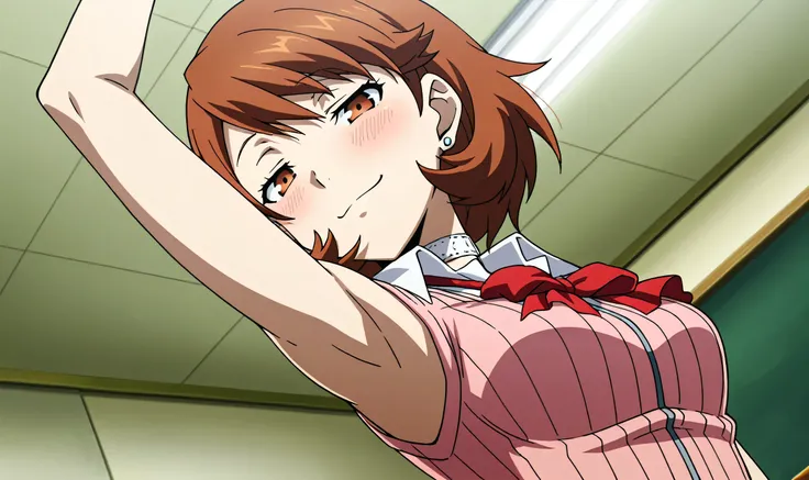 masterpiece, best quality, amazing quality, anime screencap, anime coloring, 1girl, solo, p3yukari, yukari takeba, short hair, light brown hair, earrings, choker, brown eyes, medium breasts, p3yukari-winuni, school uniform, cardigan, pink cardigan, ribbon,...