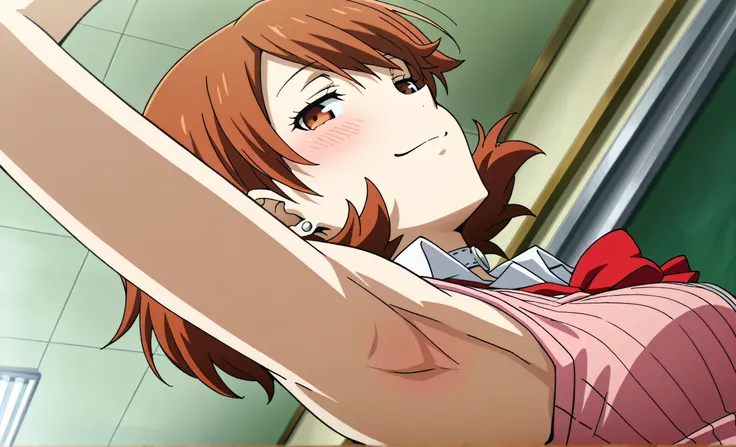 masterpiece, best quality, amazing quality, anime screencap, anime coloring, 1girl, solo, p3yukari, yukari takeba, short hair, light brown hair, earrings, choker, brown eyes, medium breasts, p3yukari-winuni, school uniform, cardigan, pink cardigan, ribbon,...