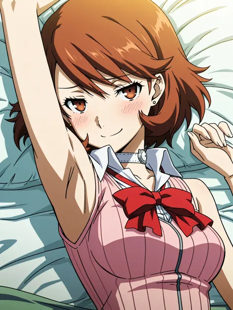 masterpiece, best quality, amazing quality, anime screencap, anime coloring, 1girl, solo, p3yukari, yukari takeba, short hair, light brown hair, earrings, choker, brown eyes, medium breasts, p3yukari-winuni, school uniform, cardigan, pink cardigan, ribbon,...