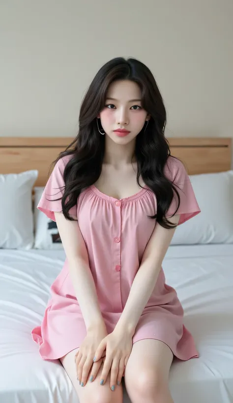 an adult woman, sitting on the edge of the bedroom mattress, body facing the camera, use a short sleeve nightgown in pink, dada besar, long black hair