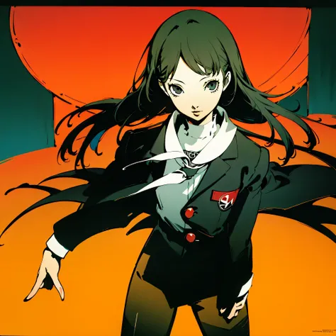 masterpiece, top quality, high res, portrait of dskasumi, long hair, school uniform, Shugakuin uniform, blazer after face, skirt, 1girl, solo, standing night, street, detailed background, cowboy shot, Shigenori Soejima, (Persona 5:0.5)
