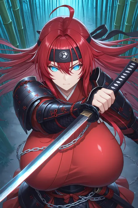 1girl, adult woman, long_hair, bright red hair, ahoge, holding weapon, bright red fantasy katana, black headband, gigantic breasts, dress chain-mail, samurai armor, spaulders, glowing blue eyes, bamboo forest background, dynamic pose, digital art style, po...