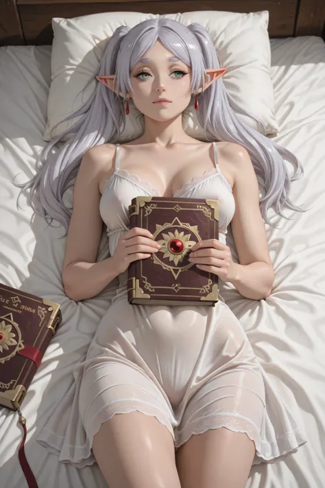 frieren,(best quality, masterpiece), ((1 Woman)), beautiful Woman, (eyes), (([White] hair, Twintails] hair)), ((Medium breasts)), Fitness Butt, Narrow Waist, realistic, charming, (detailed face), detailed eyes, detailed iris, cute, Elf Ears, ((White Nightg...