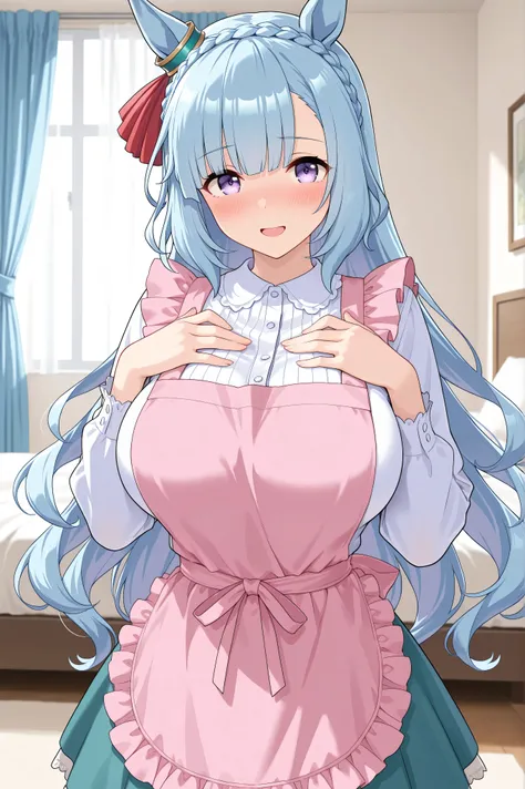 {{{masterpiece}}}, {{{best quality}}}, {{ultra-detailed}}, solo, detailed skin texture, mejiro ardan \(umamusume\),  large breast, beautiful breast, white frill dresses shirt, pink frill apron, light green skirt, looking at viewer, standing, straight postu...