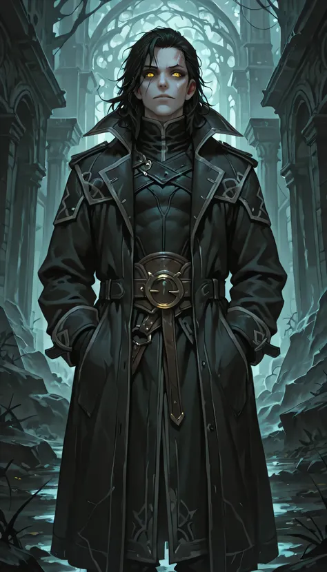 masterpiece, best quality, amazing quality, very aesthetic, fantasy setting, dnd character, human, male, absurdres, newest, scenery, extreme detail, 8k, dramatic and somewhat sinister appearance, detailed eyes, detailed face, yellow eyes, scar on face, fac...