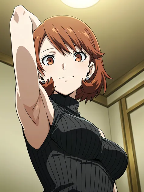 masterpiece, best quality, amazing quality, anime screencap, anime coloring, 1girl, solo, p3yukari, yukari takeba, short hair, light brown hair, earrings, brown eyes, black sweater, sleeveless sweater, ribbed sweater, turtleneck, sleeveless, bare shoulders...