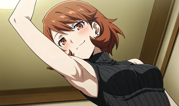 masterpiece, best quality, amazing quality, anime screencap, anime coloring, 1girl, solo, p3yukari, yukari takeba, short hair, light brown hair, earrings, brown eyes, black sweater, sleeveless sweater, ribbed sweater, turtleneck, sleeveless, bare shoulders...