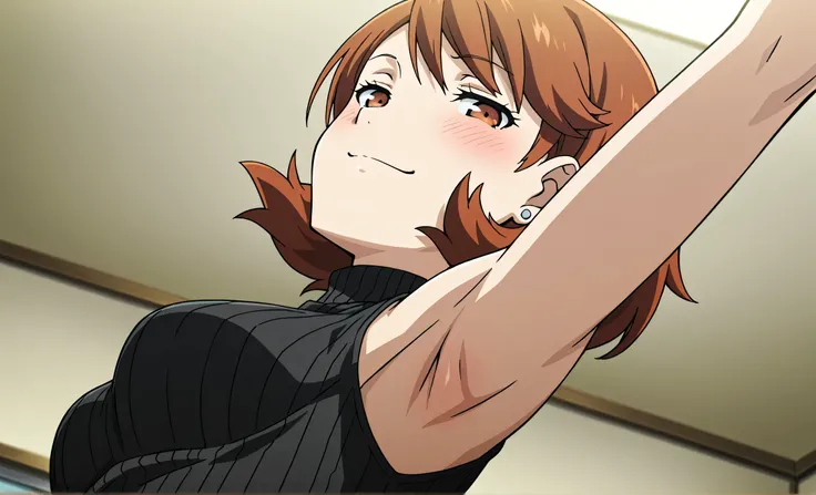 masterpiece, best quality, amazing quality, anime screencap, anime coloring, 1girl, solo, p3yukari, yukari takeba, short hair, light brown hair, earrings, brown eyes, black sweater, sleeveless sweater, ribbed sweater, turtleneck, sleeveless, bare shoulders...