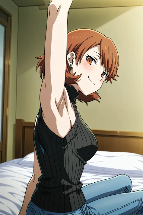 masterpiece, best quality, amazing quality, anime screencap, anime coloring, 1girl, solo, p3yukari, yukari takeba, short hair, light brown hair, earrings, brown eyes, black sweater, sleeveless sweater, ribbed sweater, turtleneck, sleeveless, bare shoulders...