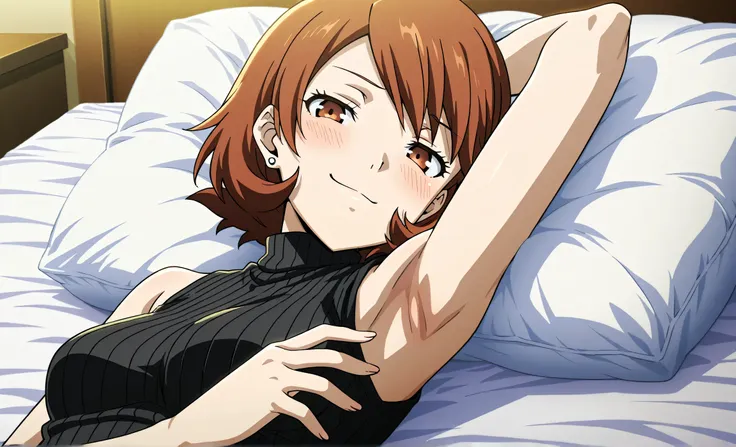 masterpiece, best quality, amazing quality, anime screencap, anime coloring, 1girl, solo, p3yukari, yukari takeba, short hair, light brown hair, earrings, brown eyes, black sweater, sleeveless sweater, ribbed sweater, turtleneck, sleeveless, bare shoulders...