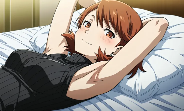 masterpiece, best quality, amazing quality, anime screencap, anime coloring, 1girl, solo, p3yukari, yukari takeba, short hair, light brown hair, earrings, brown eyes, black sweater, sleeveless sweater, ribbed sweater, turtleneck, sleeveless, bare shoulders...