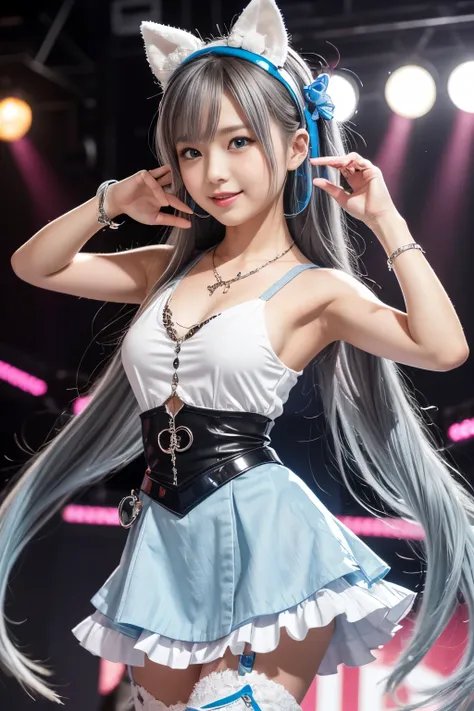 ( top quality, high definition, masterpiece:1.2), details, present:1.37, ( perfect anatomy), 1 girl on a break, cowboy shot on background ,  beautiful white skinned Japanese idol, idol master, Transform into a cute android idol, standing ,smile, (details: ...