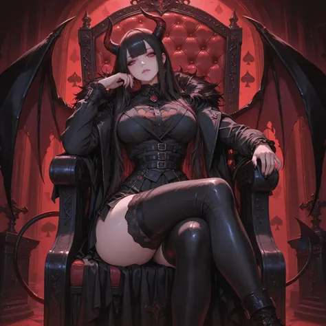 crossed legs,masterpiece,best quality,amazing quality,hyper-detailed, the demon queen, 1girl, sit on throne, looking down on camera, demon girl, red eyes, cold expression, 4 horns, large wings, thick tail, spade tipped tail, demon tail, throne room, gothic...