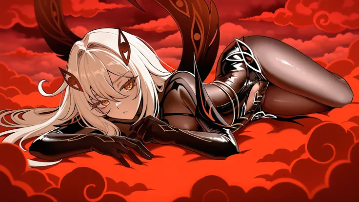 1 girl only, Ronova, from the video game Genshin Impact, with his characteristic dark clothes, in sexy pose, lying on red clouds
