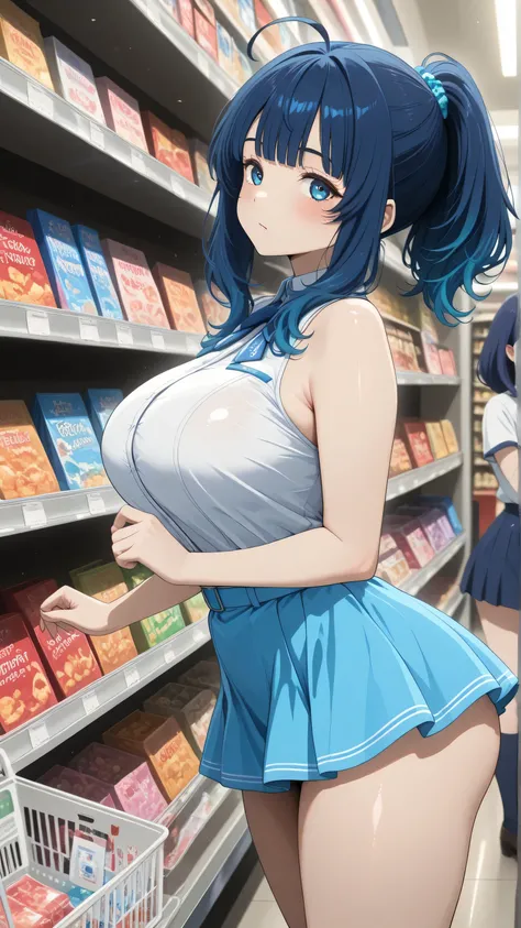 young, sexy, 21 years old, yanamianna, medium hair, ahoge, blue hair, blue eyes, ponytail, wide hips, large breasts, Mini skirt and top , in a small store shopping