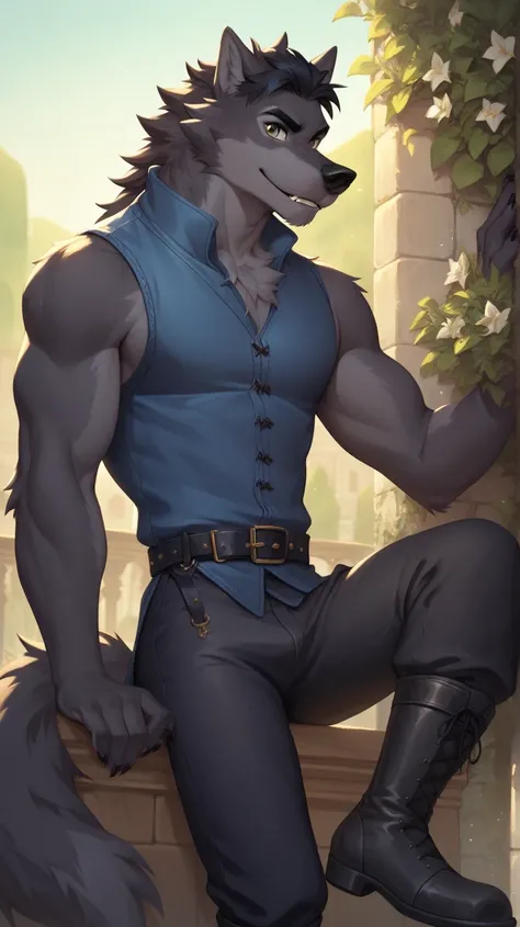 lupine , furry, Male black wolf,wolf tail, black hair, lobo, eyes, brown eyes, blue sleeveless shirt, black pants, black medieval boots, black belt,semi-antro , Alone