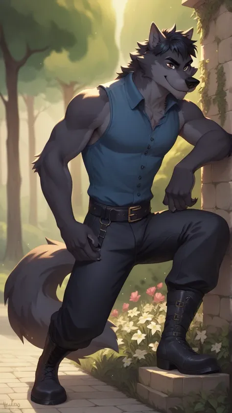 lupine , furry, Male black wolf,wolf tail, black hair, lobo, eyes, brown eyes, blue sleeveless shirt, black pants, black medieval boots, black belt,semi-antro , Alone