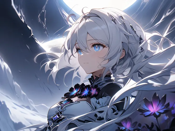 masterpiece, best quality, very aesthetic, absurdres, Kiana Kaslana gazes toward the distant horizon, surrounded by a silent, star-strewn void. The Earth hangs in the background like a fragile jewel, casting a soft blue glow across the lunar surface. She s...