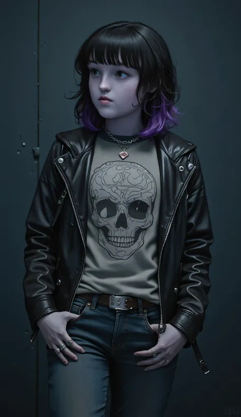 Bella Ramsey as Raven, Teen Titans, DC, digital painting, modern goth rock style, pale purple skin, short black and purple ombre hair, wears black leather jacket over a skull-printed shirt, dark denim jeans, choker, chain necklace with red gem, multiple ri...