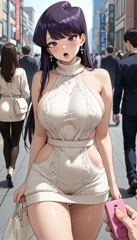 close up, walking, outdoor, very cute face, cute girl, , (long purple hair)), ahegao, blush, large breasts,cross pierce earring, blush, curvy beauty, tight waist, white virgin killer sweater ,waist cutout,cameltoe, head tilt, cowgirl shot, flawless smooth...