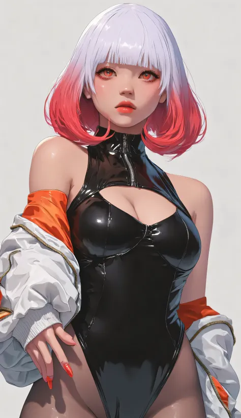 a beautiful woman with fair skin, light brown eyes, well-defined and delicate lips, pearly white Jellyfish-cut hair with straight bangs and salmon-pink highlights making a gradient with red at the back, long matte red nails, red lipstick matching her nails...